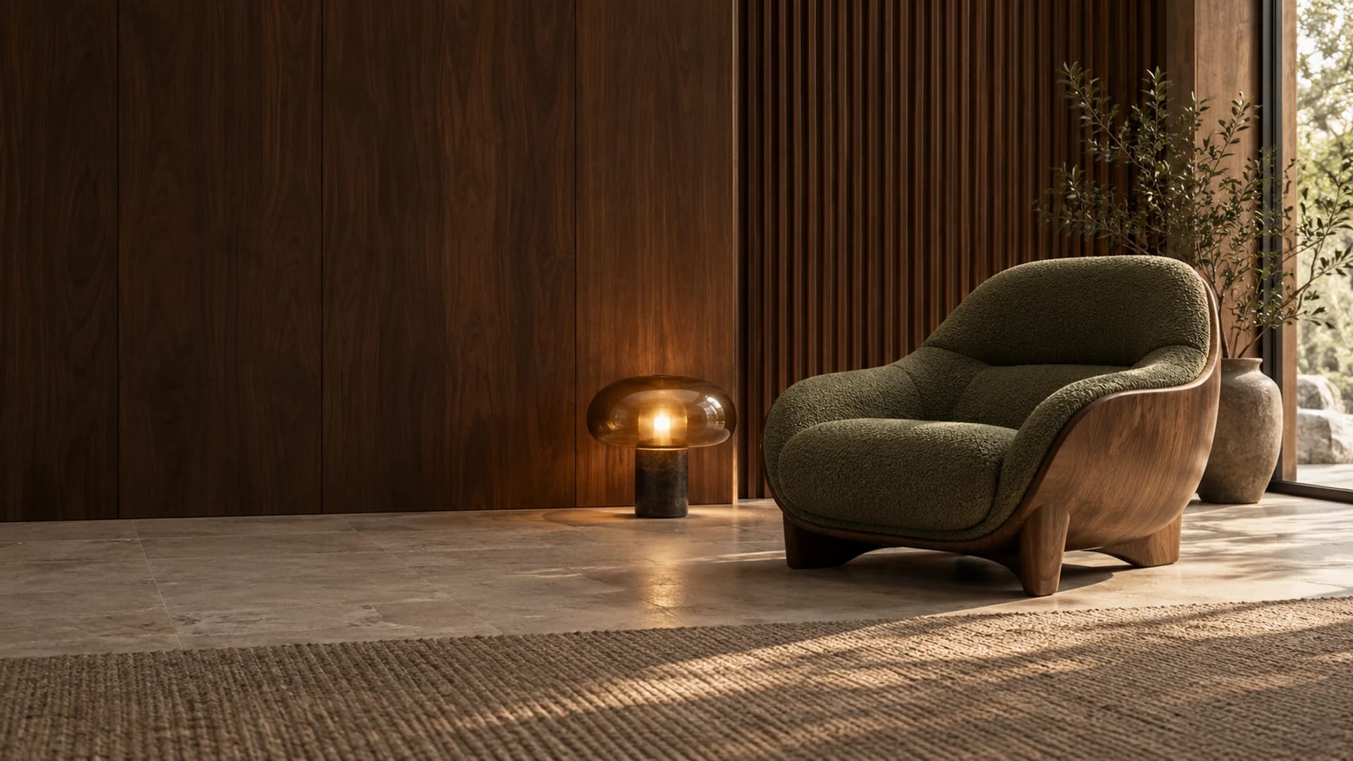 Olive lounge chair and warm walnut interior — generated demonstration scene