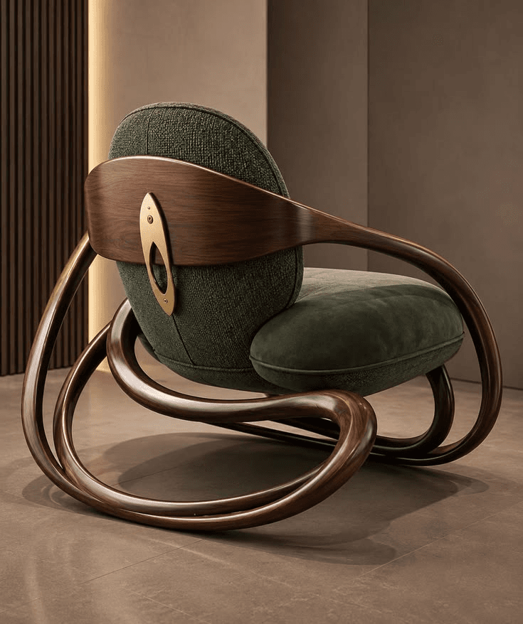 Olive upholstered chair with sculptural walnut frame — purchased Figma reference image