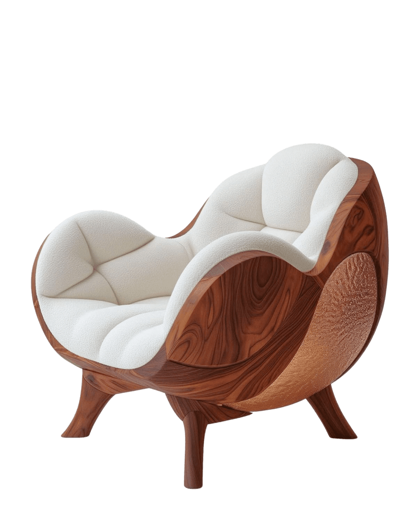 White sculptural lounge chair with walnut shell — purchased Figma reference image