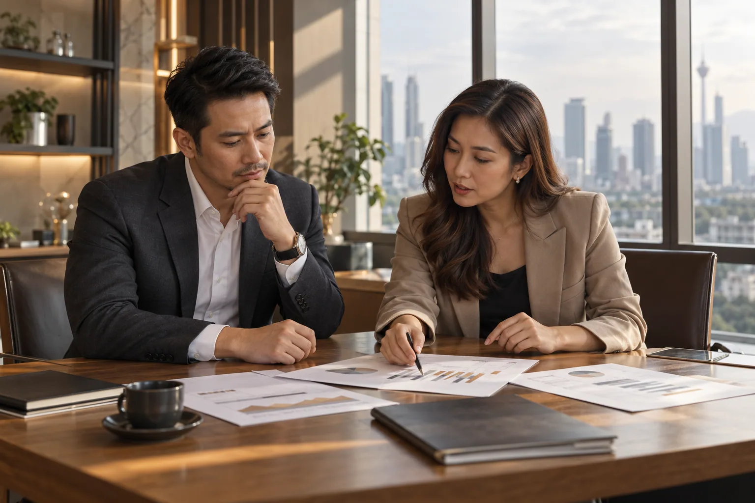 Two advisory professionals reviewing a business plan at a meeting table