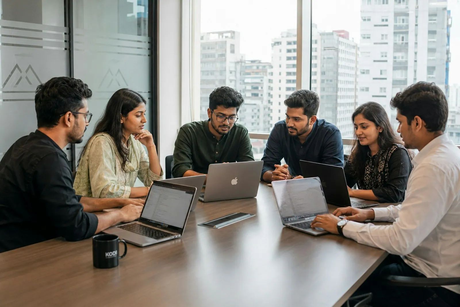 Colleagues discussing their work around a conference table