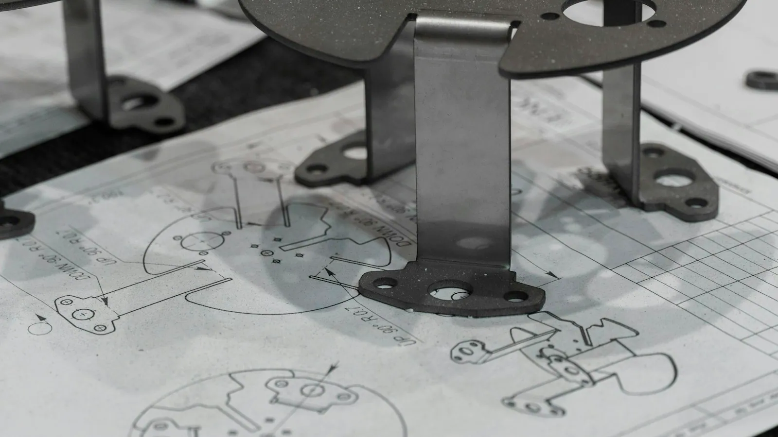 Manufactured metal components resting on technical drawings