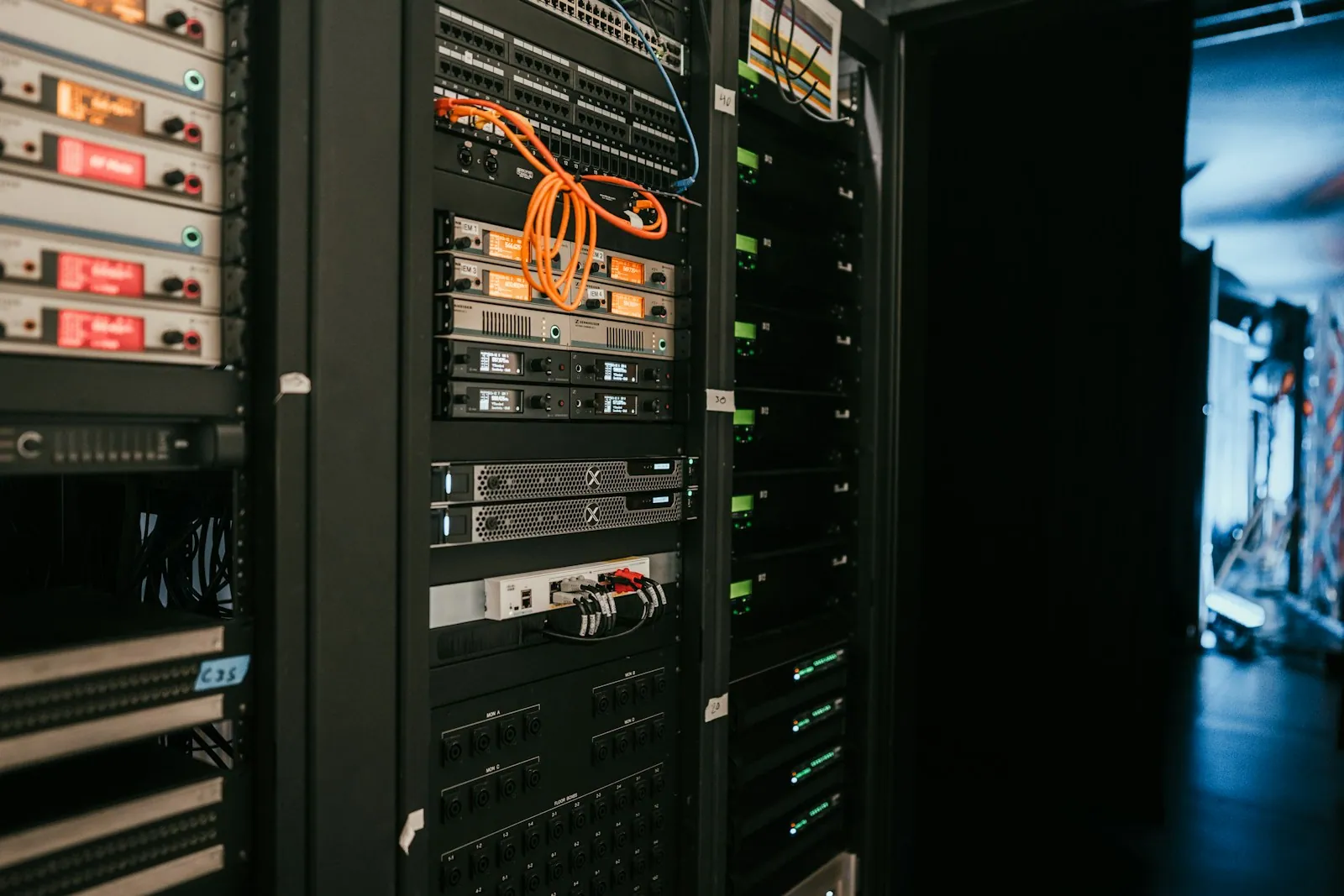 Server cabinets and network equipment in a data centre