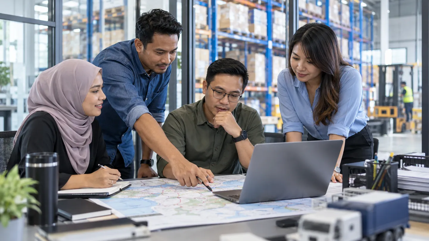 Logistics planning team collaborating in a warehouse office