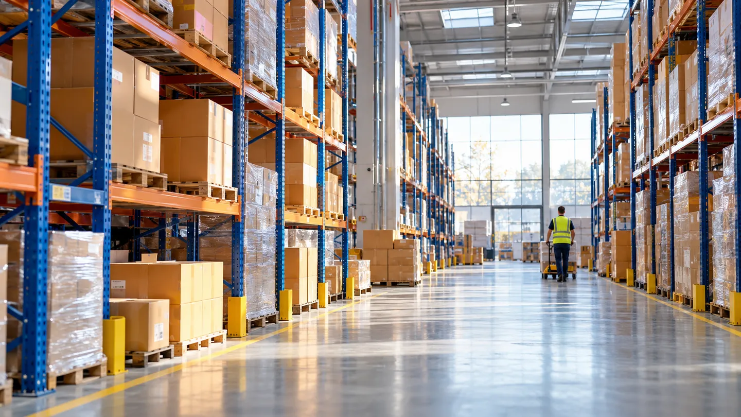 Bright fulfilment warehouse with blue racks and orange cartons