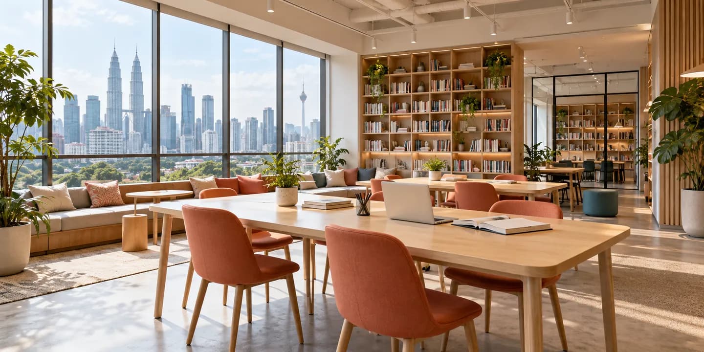 Light-filled learning studio with timber desks and coral chairs