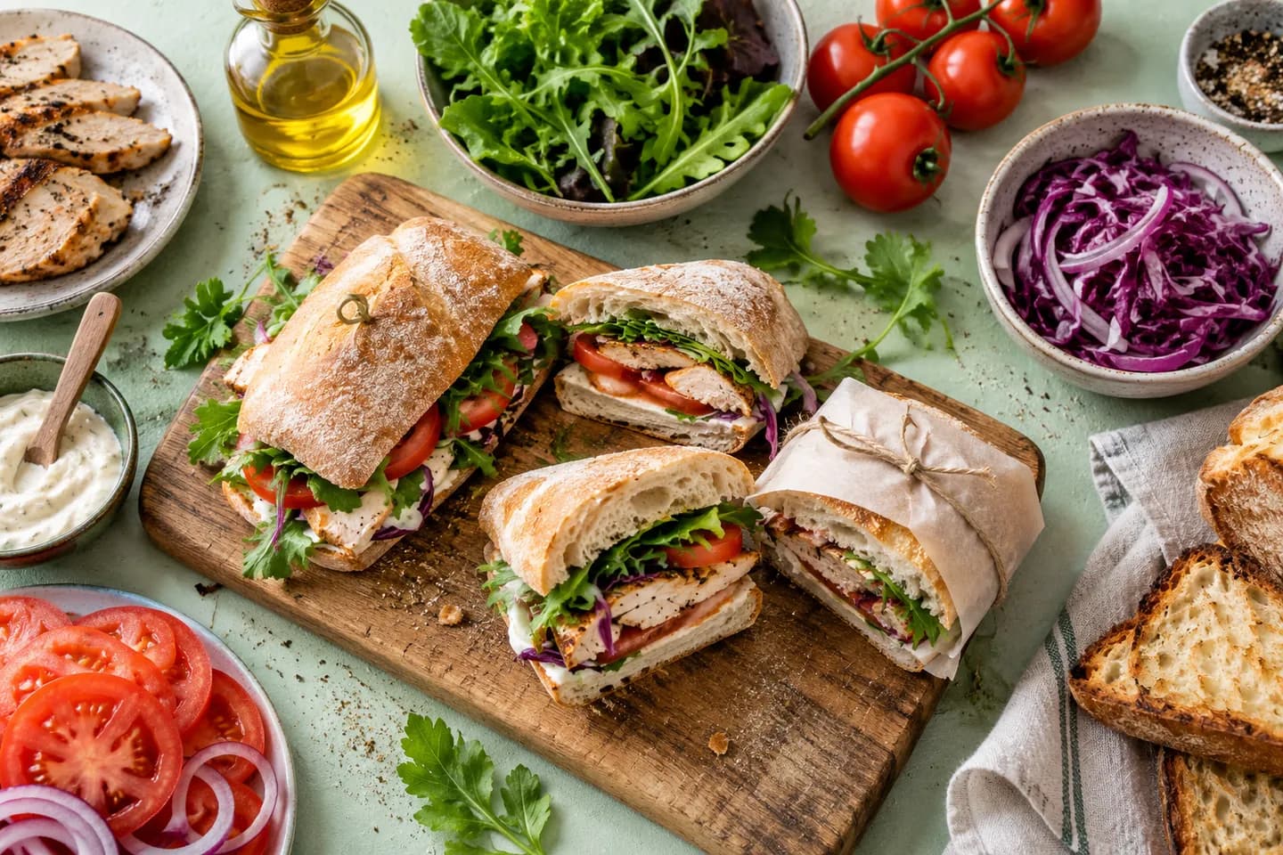 Fresh vegetables and artisan sandwiches on a preparation table