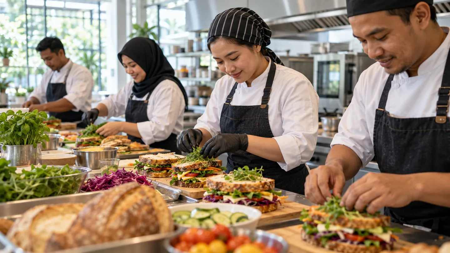 Catering team preparing fresh sandwiches in a bright kitchen