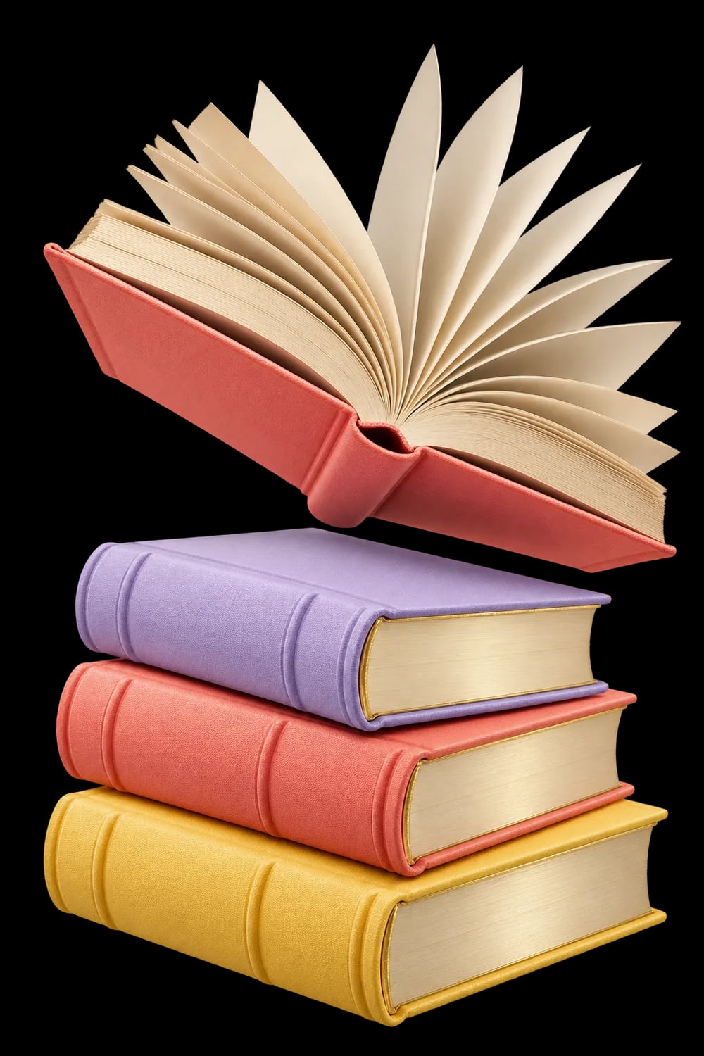 Coral, lavender and yellow books with an open book above