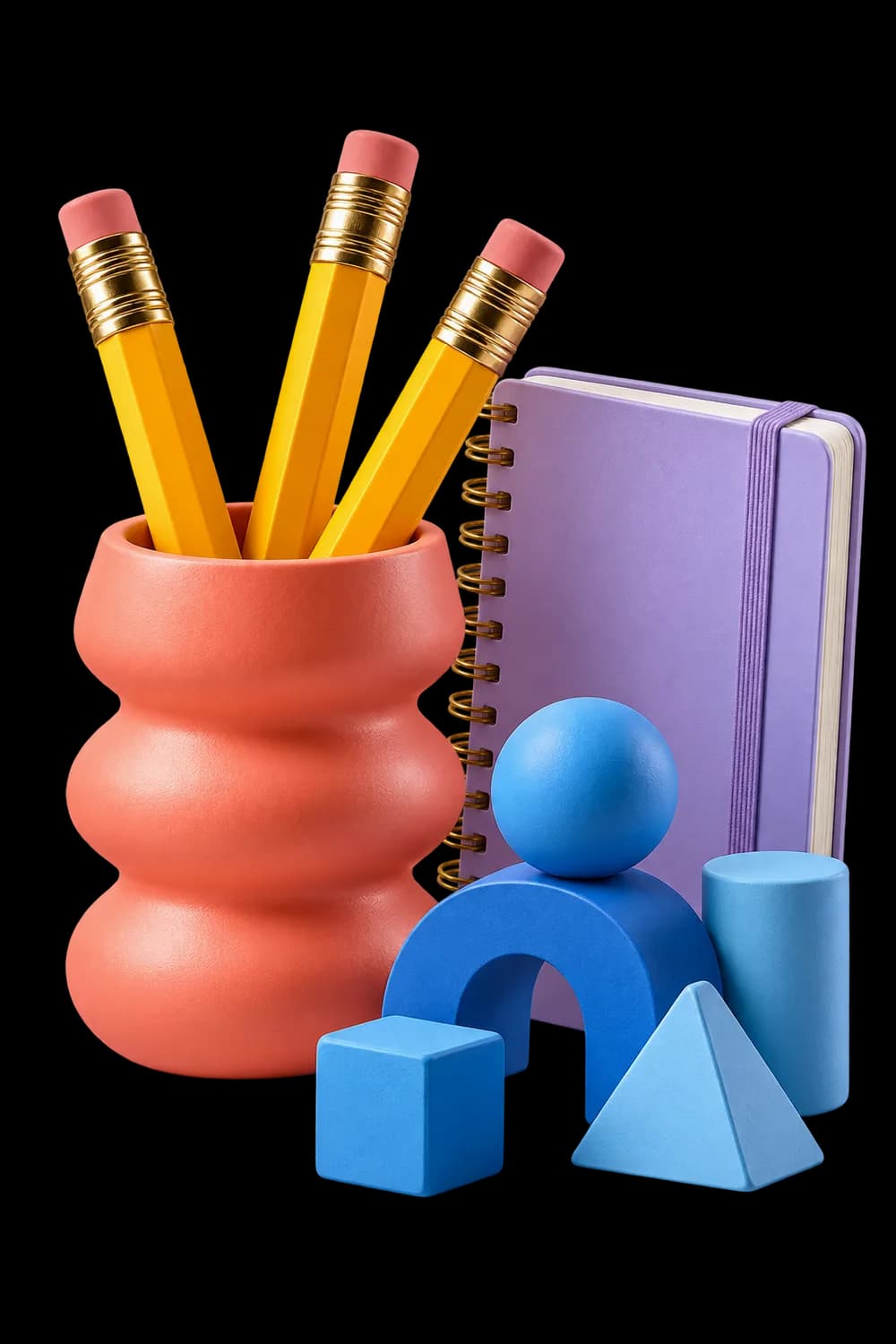 Colourful pencils, notebook and creative building shapes
