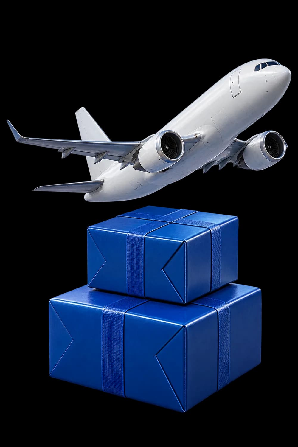 White cargo aircraft above cobalt blue shipping parcels