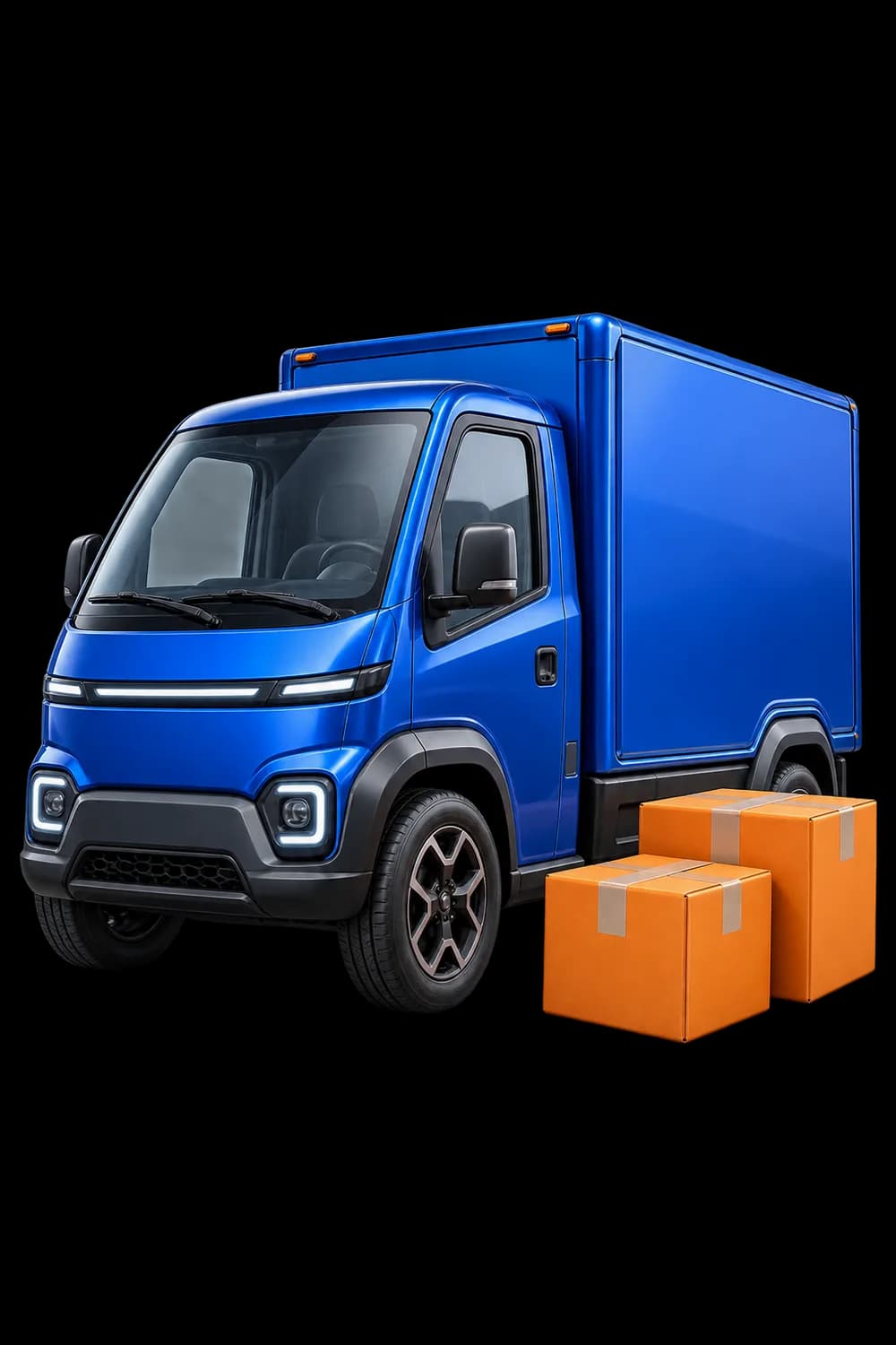 Blue delivery truck with orange shipping parcels