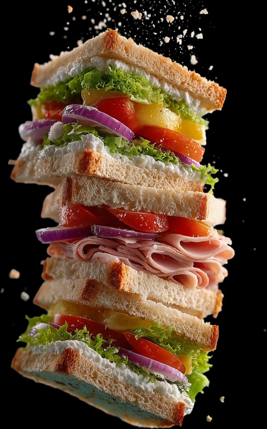 A tall artisan sandwich layered with crisp lettuce, tomato, colourful fillings and toasted bread