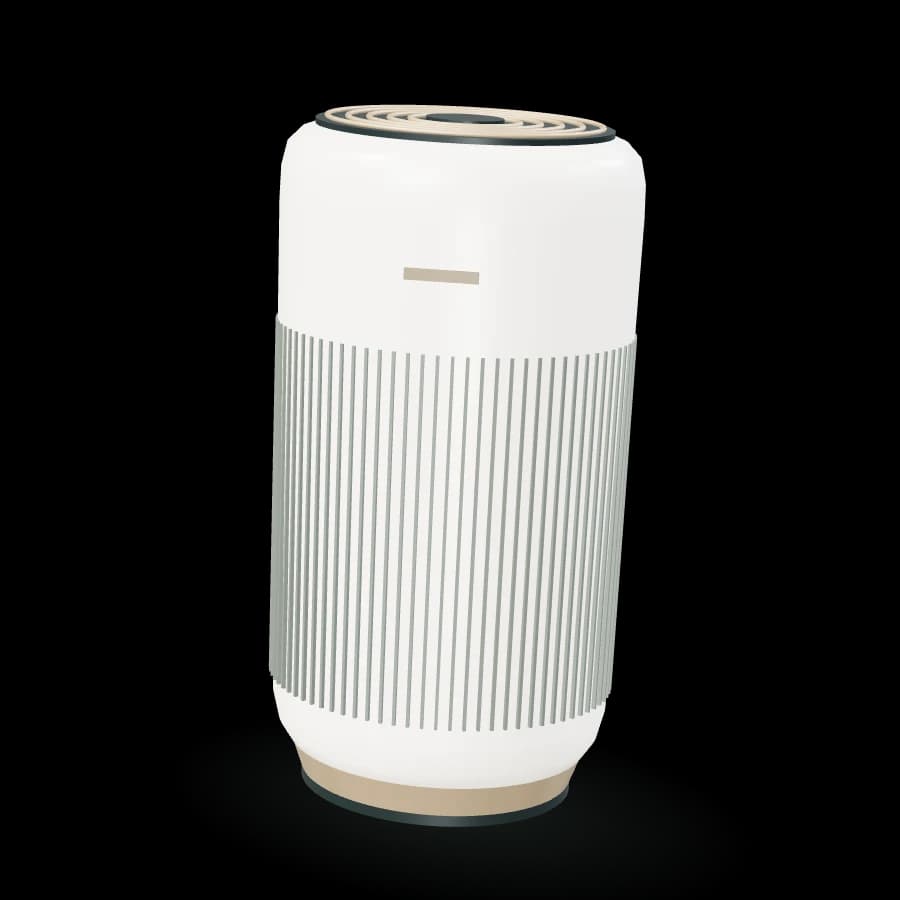 An ivory Aerum purifier with vertical intake slots and a champagne base