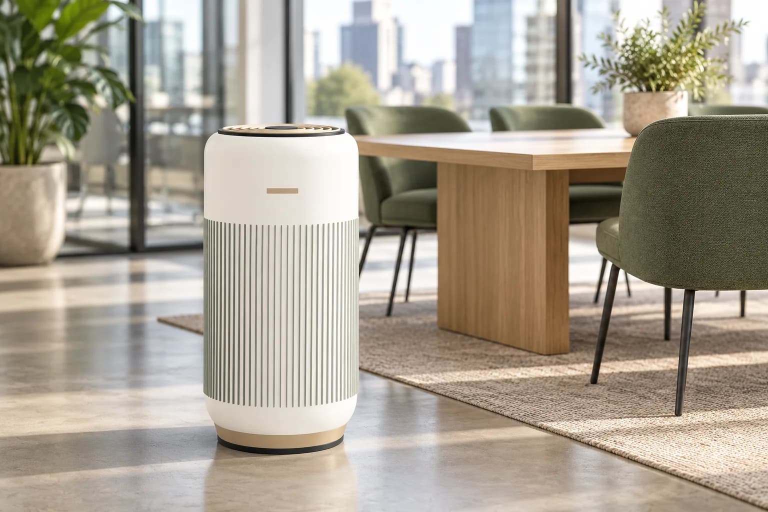 An ivory Aerum purifier beside a pale oak table in an office lounge