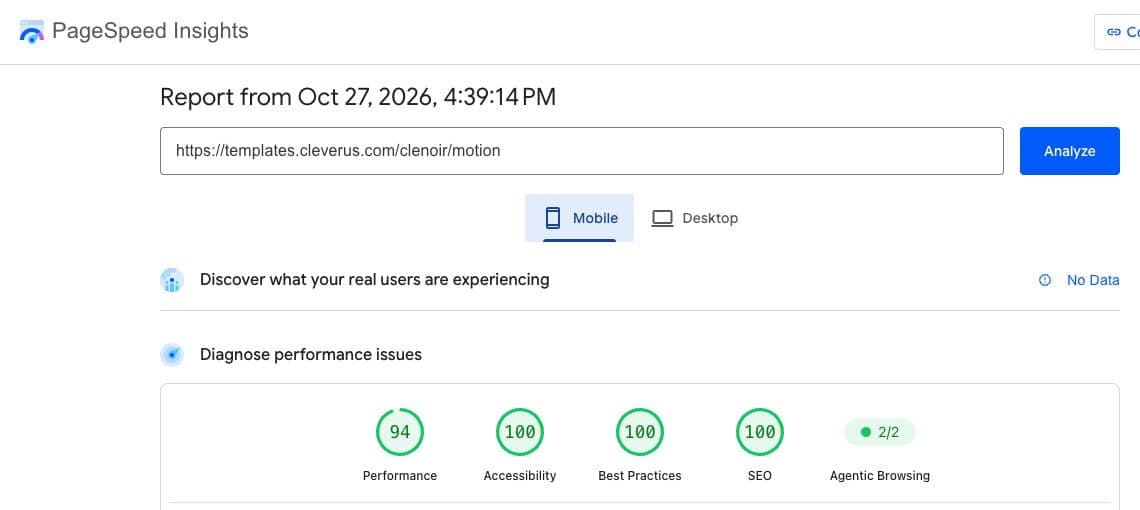 Google PageSpeed report for Clenoir motion, mobile: performance 94, SEO 100, Agentic Browsing 2/2 checks passed.