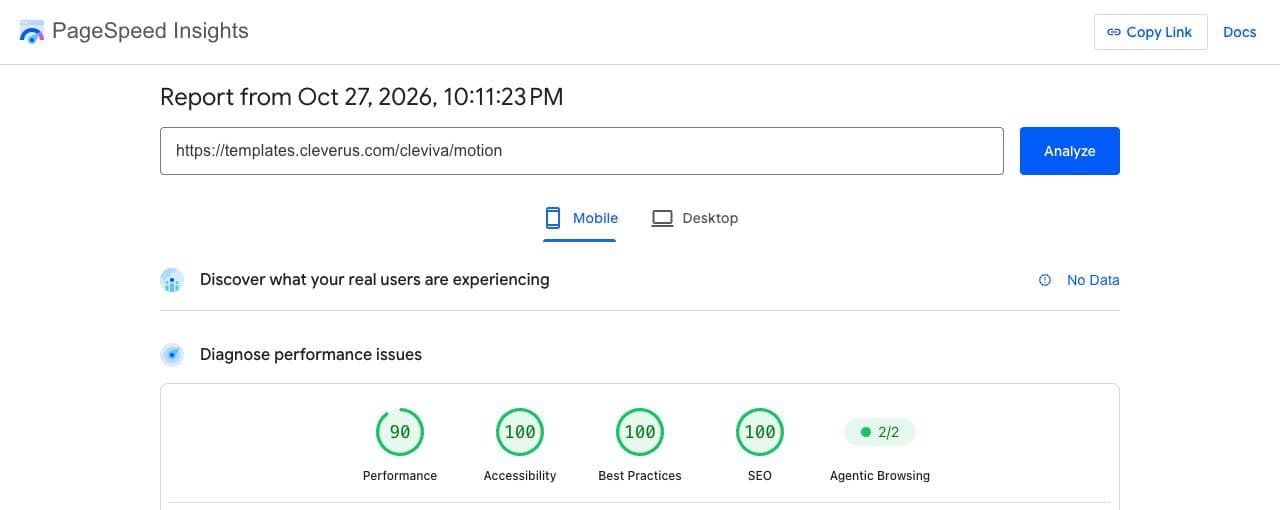 Google PageSpeed report for Cleviva motion, mobile: performance 90, SEO 100, Agentic Browsing 2/2 checks passed.