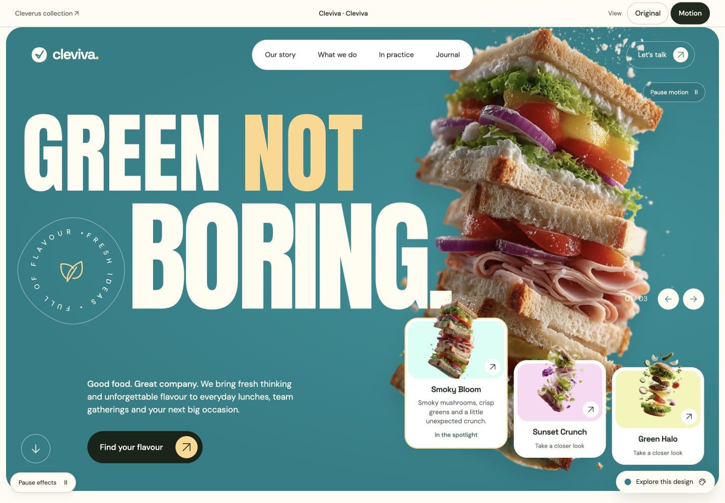 Cleviva food and experiences motion homepage with bold typography and floating sandwich artwork